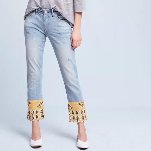 Anthropology Pilcro Hyphen Mid-Rise Boyfriend Bandana Raw Hem Boho Aztec Jeans - Picture 12 of 16